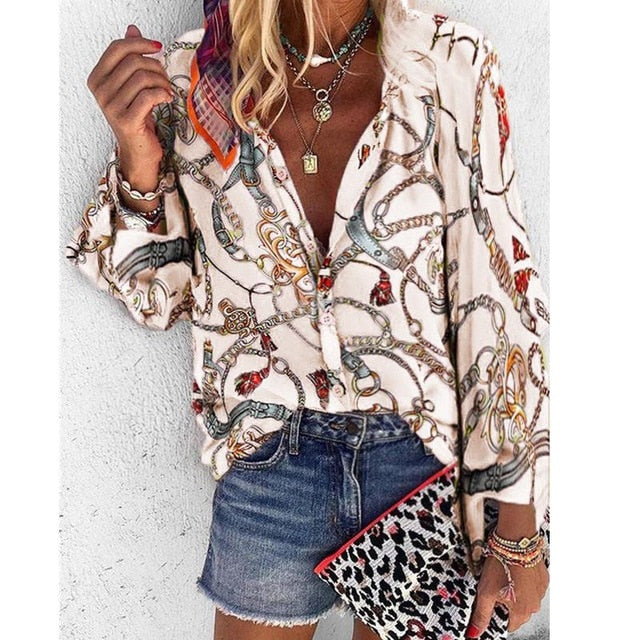 Plus Size Women V-Neck Long Sleeve Blouse