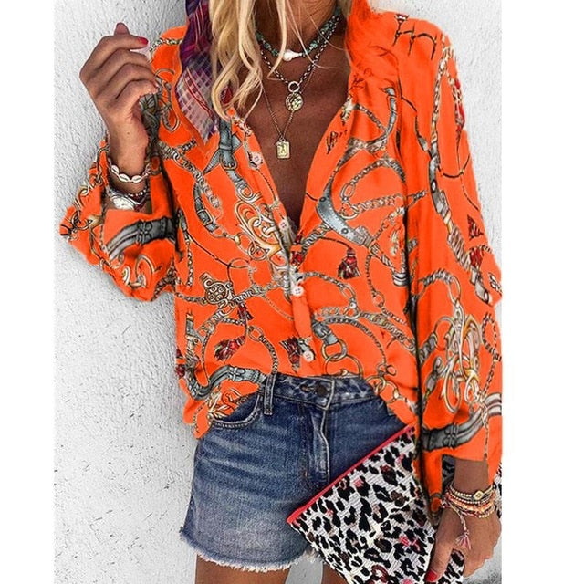 Plus Size Women V-Neck Long Sleeve Blouse