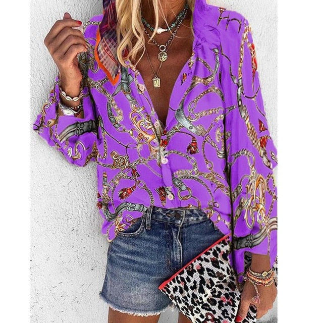 Plus Size Women V-Neck Long Sleeve Blouse