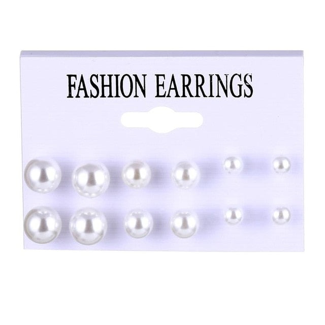 FNIO Pearl and Geometric Crystal Heart Stud Earrings