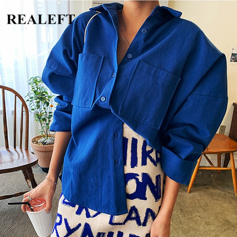Double Pockets Turn-Down Collar Cotton Women's Blouse