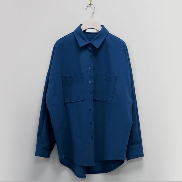 Double Pockets Turn-Down Collar Cotton Women's Blouse