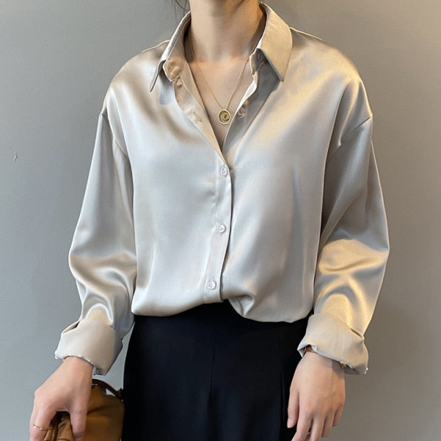 Button Up Silk Long Sleeve Blouse