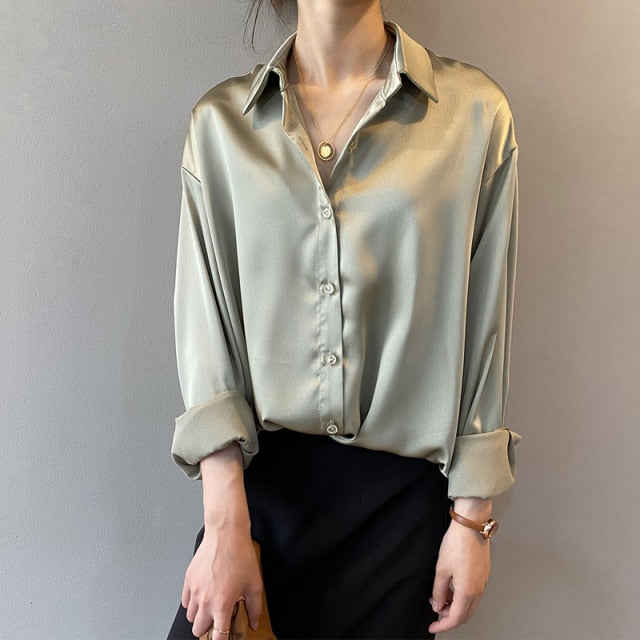 Button Up Silk Long Sleeve Blouse