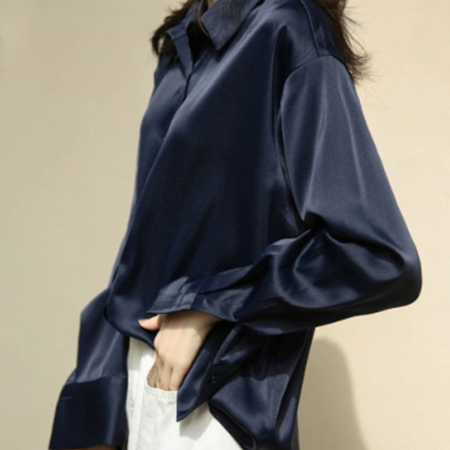 Button Up Silk Long Sleeve Blouse
