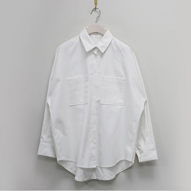 Double Pockets Turn-Down Collar Cotton Women's Blouse